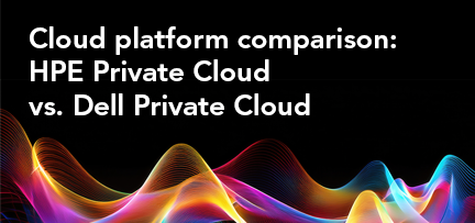Text-based graphic with report title, Cloud platform comparison: HPE Private Cloud vs. Dell Private Cloud. White text on a black background above colorful, flowing wave patterns in shades of orange, purple, pink, and blue.