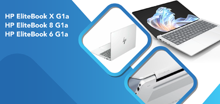 Graphic design showcasing three HP EliteBook laptop models: X G1a, 8 G1a, and 6 G1a. Design features blue gradient background with diamond-shaped frames displaying laptop images, highlighting sleek, modern designs and product names in white text. 