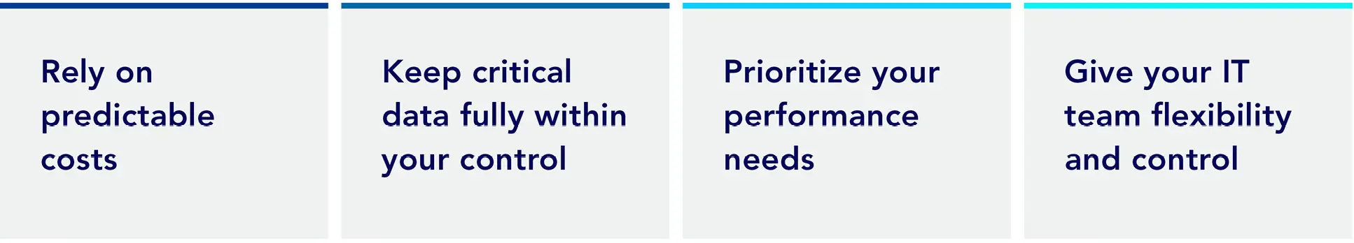 Rely on predictable costs. Keep critical data fully within your control. Prioritize your performance needs. Give your IT team flexibility and control.