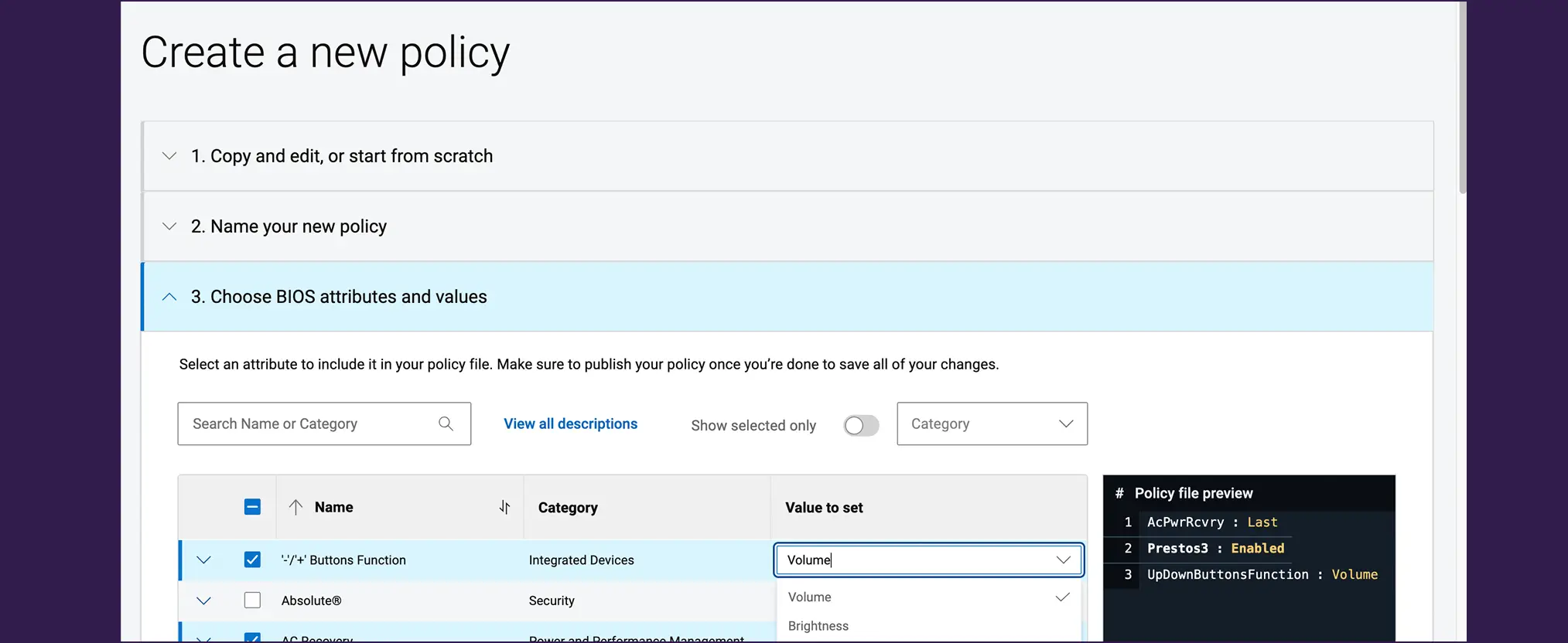 Screenshot of the Create a new policy screen in the Dell Management Portal GUI.