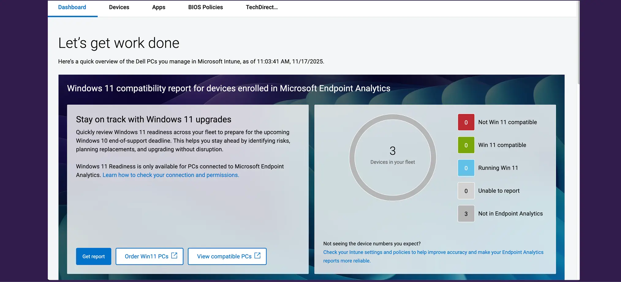 Screenshot of the Let’s get work done screen in the Dell Management Portal GUI.