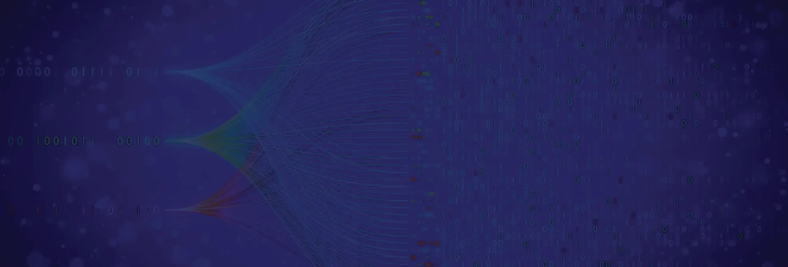 A dark blue digital background features colorful flowing lines converging from the left side toward the center, resembling data streams or network connections.

Description generated by AI