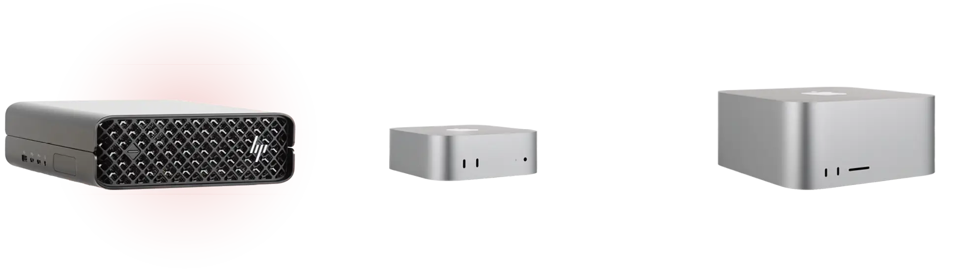 Hero images of three devices: HP Z2 Mini G1a, Apple Mac mini, and Apple Mac Studio